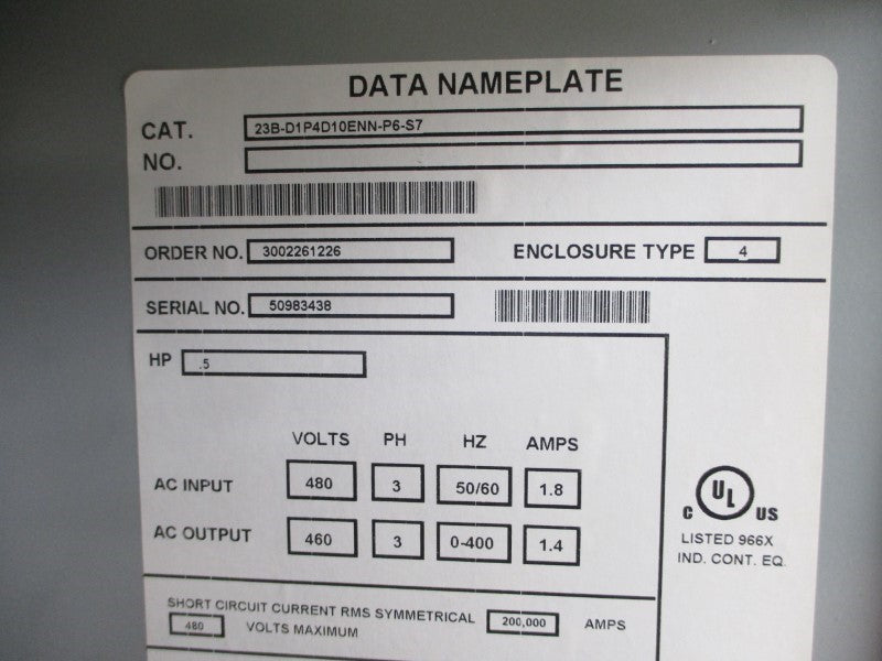 ALLEN BRADLEY 23B-D1P4D10ENN-P6-S7 SER. A 480VAC 1.8A NSMP