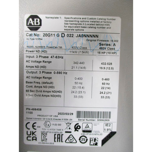 ALLEN BRADLEY 20G11GD022JA0NNNNN SER. A F/W 16.002 480VAC 22A NSMP
