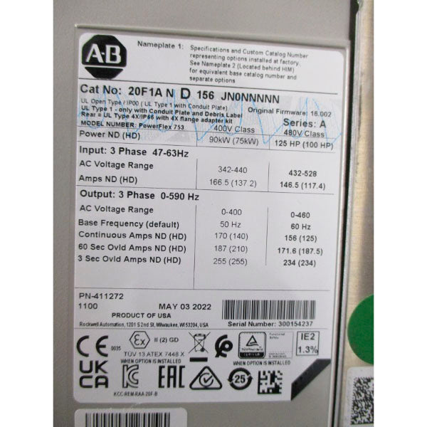 ALLEN BRADLEY 20F1AND156JN0NNNNN SER. A F/W 16.002 480VAC 146.5A NSMP