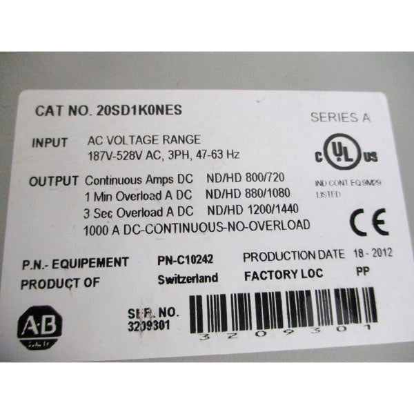 ALLEN BRADLEY 20SD1K0NES SER. A 187-528VAC 800/720A NSNP