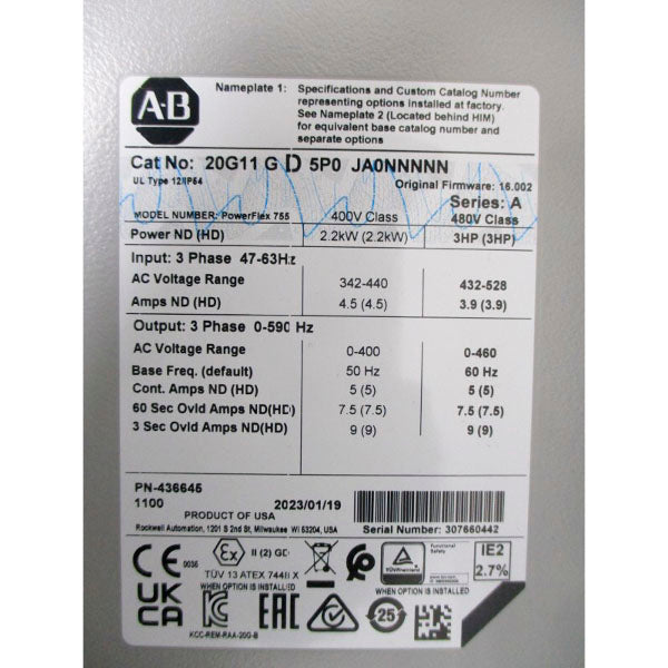 ALLEN BRADLEY 20G11GD5P0JA0NNNNN SER. A F/W 16.002 480VAC 8.7A NSMP