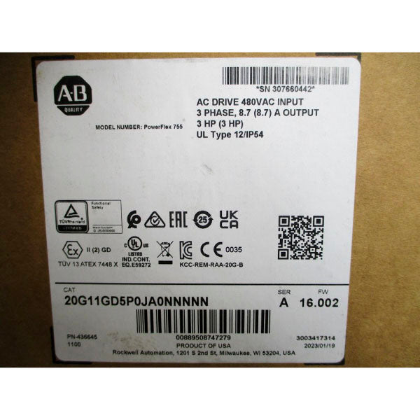 ALLEN BRADLEY 20G11GD5P0JA0NNNNN SER. A F/W 16.002 480VAC 8.7A NSMP