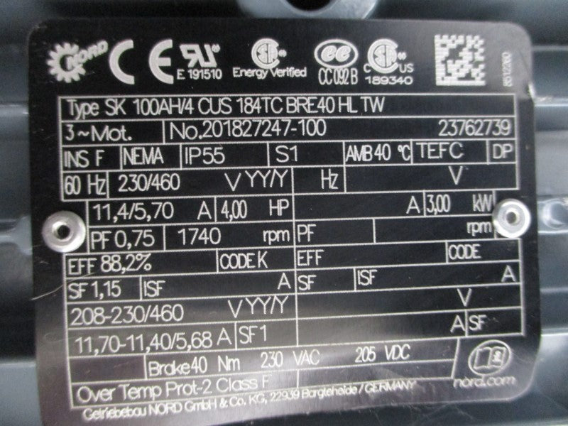 NORD DRIVE SYSTEMS SK3282AZGSH N180TC 230/460V 11.4/5.70A NSNP