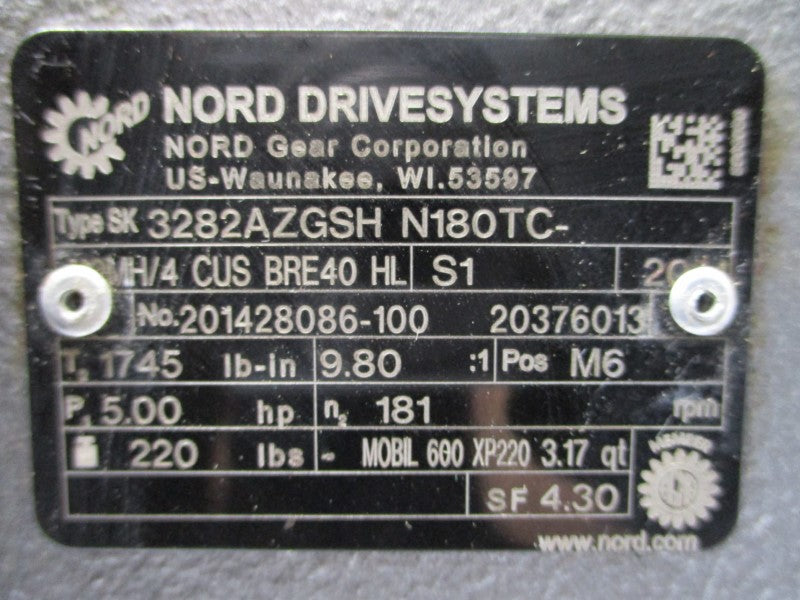 NORD DRIVE SYSTEMS SK3282AZGSH N180TC 230/460V 11.4/5.70A NSNP