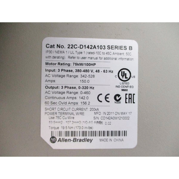 ALLEN BRADLEY 22C-D142A103 SER. B 380-480VAC 150.0A REMAN