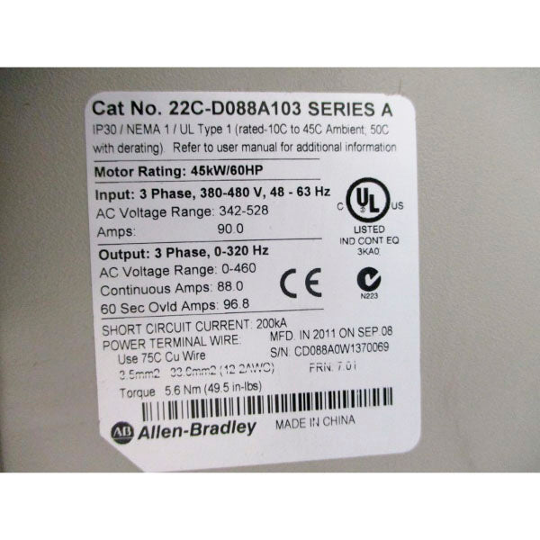 ALLEN BRADLEY 22C-D088A103 SER. A 380-480VAC 90.0A REMAN