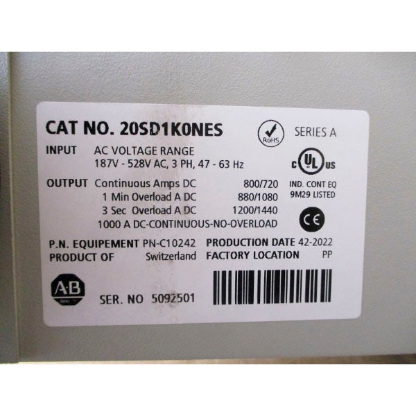 ALLEN BRADLEY 20SD1K0NES SER. A 187-528VAC 800/720A NSMP