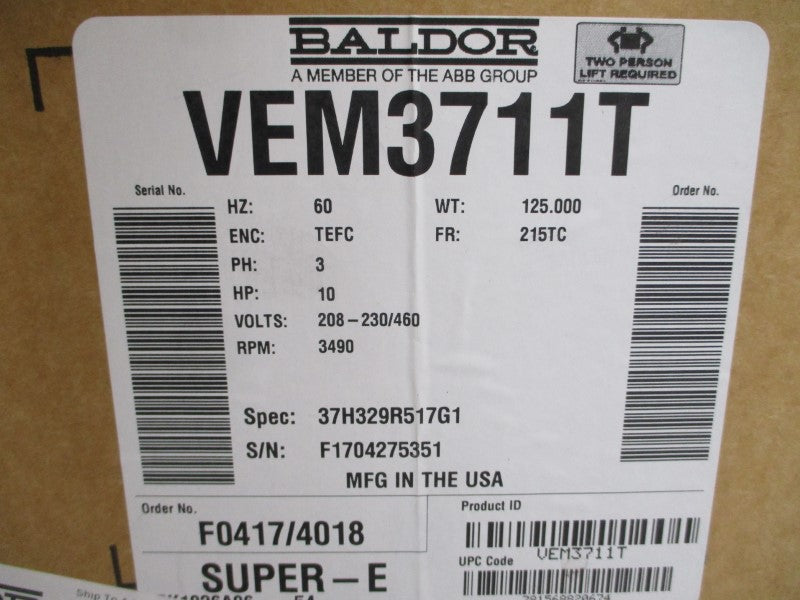 BALDOR VEM3711T 37H329R517G1 208-230/460V 24.8-24.2/12.1A NSMP