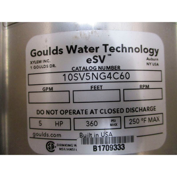 GOULDS WATER TECHNOLOGY 10SV5NG4C60 W/ BALDOR VEM3613T 230/460V 11.8/5.9A 360PSI NSMP