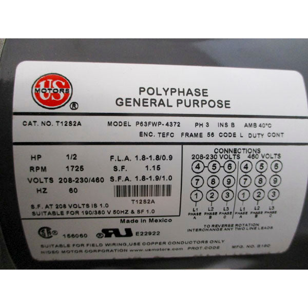 TPI EHB24-1/2-3/TEC W/ US MOTORS T12S2A P63FWP-4372 208-230/460V 1.8-1.8/0.9A NSNP