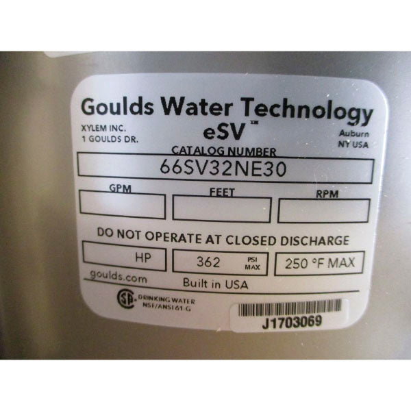GOULDS WATER TECHNOLOGY 66SV32NE30 362PSI NSMP