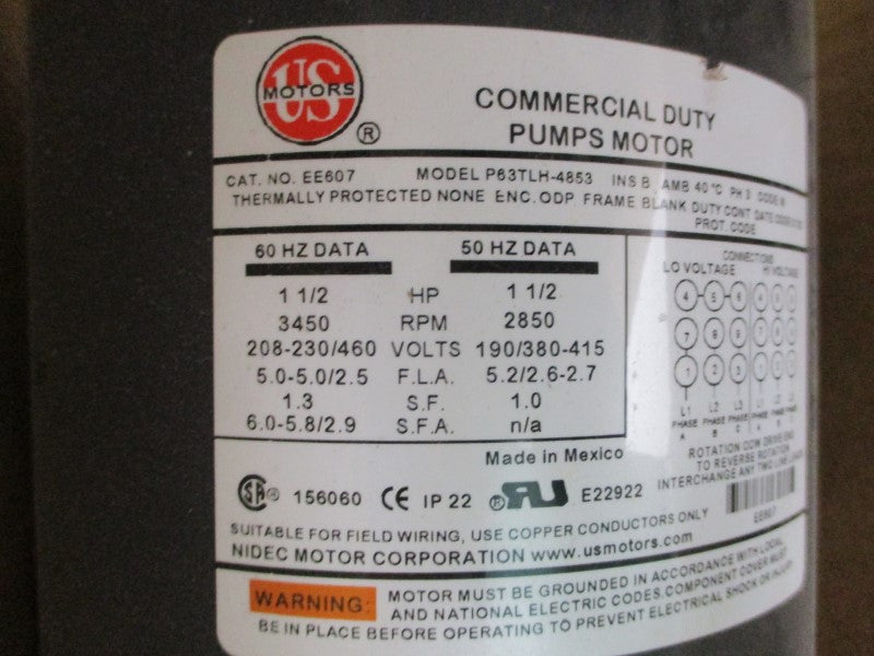 WEBTROL H20B9S16-3 W/ US MOTORS EE607 P63TLH-4853 208-230/460V 5.0-5.0/2.5A NSMP