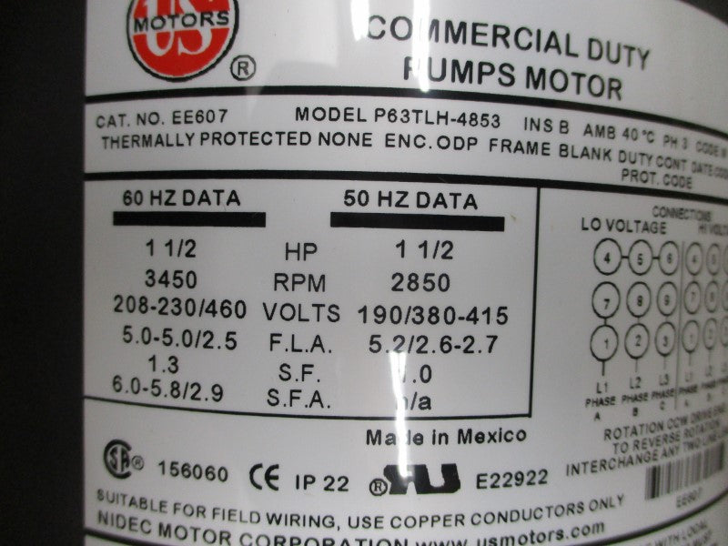 WEBTROL H15B9S16-3 W/ US MOTORS EE607 P63TLH-4853 208-230/460V 5.0-5.0/2.5A NSMP