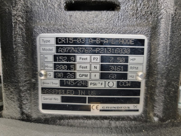 GRUNDFOS CR15-03A-B-A-E-HQQE 208-230/460V 19.5-18.1/9.09A 145/248PSI NSNP