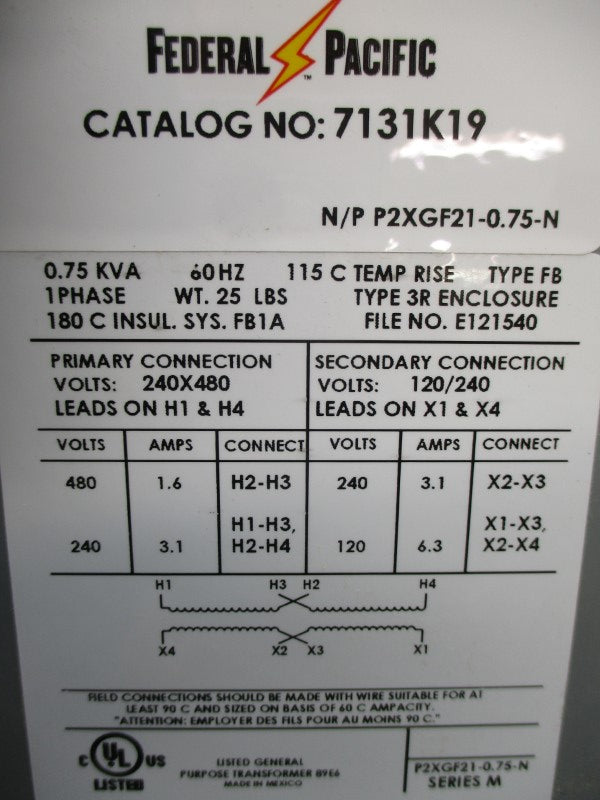 FEDERAL PACIFIC 7131K19 P2XGF21-0.75-N 240/480V NSMP