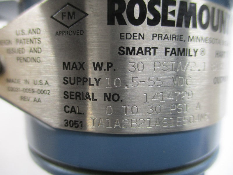 ROSEMOUNT 3051TA1A2B21AS1E5Q4M5 10.5-55VDC 30PSI NSMP