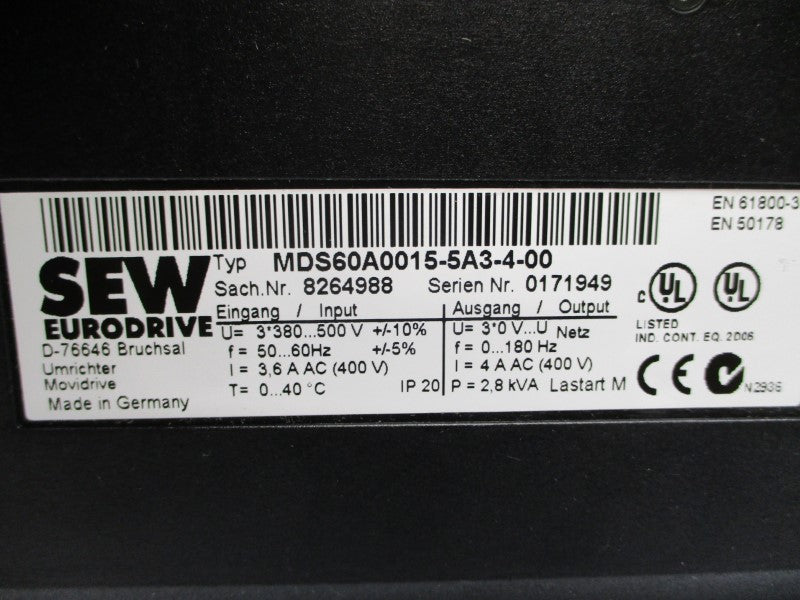 SEW EURODRIVE MDS60A0015-5A3-4-00 380-500VAC 3.6A (AS PICTURED1) UNMP