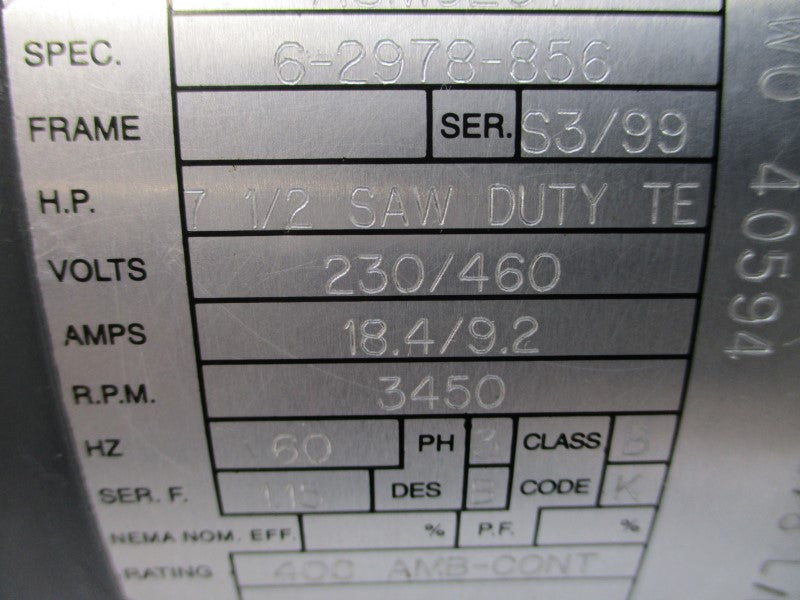 BALDOR ASM6207 6-2978-856 230/460V 18.4/9.2A NSNP