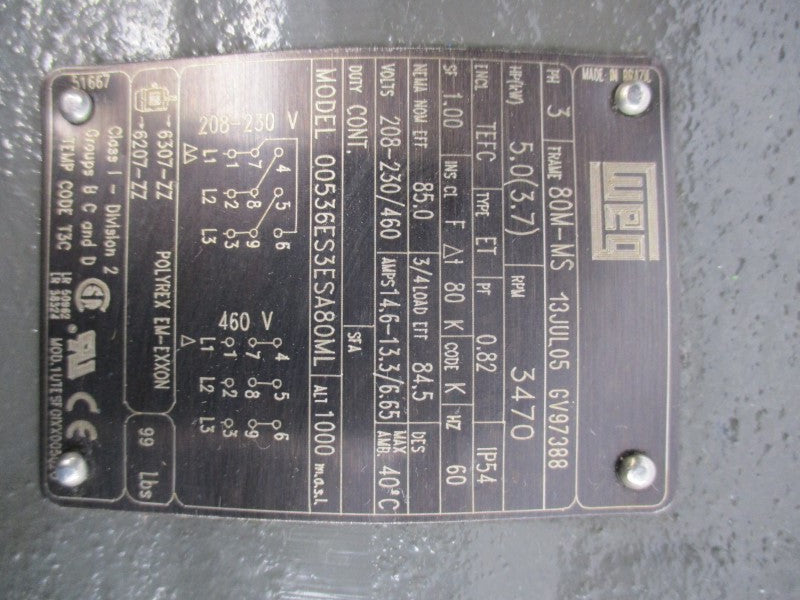 WEG 00536ES3ESA80ML 208-230/460V 14.6-13.3/6.65A NSNP