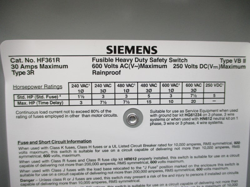 SIEMENS HF361R 600VAC 30A NSMP