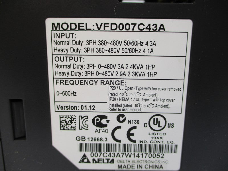 DELTA ELECTRONICS VFD007C43A 380-480V 4.3A NSMP