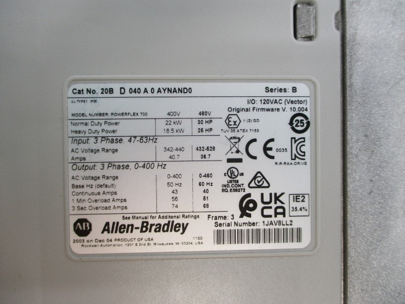 ALLEN BRADLEY 20BD040A0AYNAND0 SER. B F/W 10.004 480VAC 36.7A NSNP