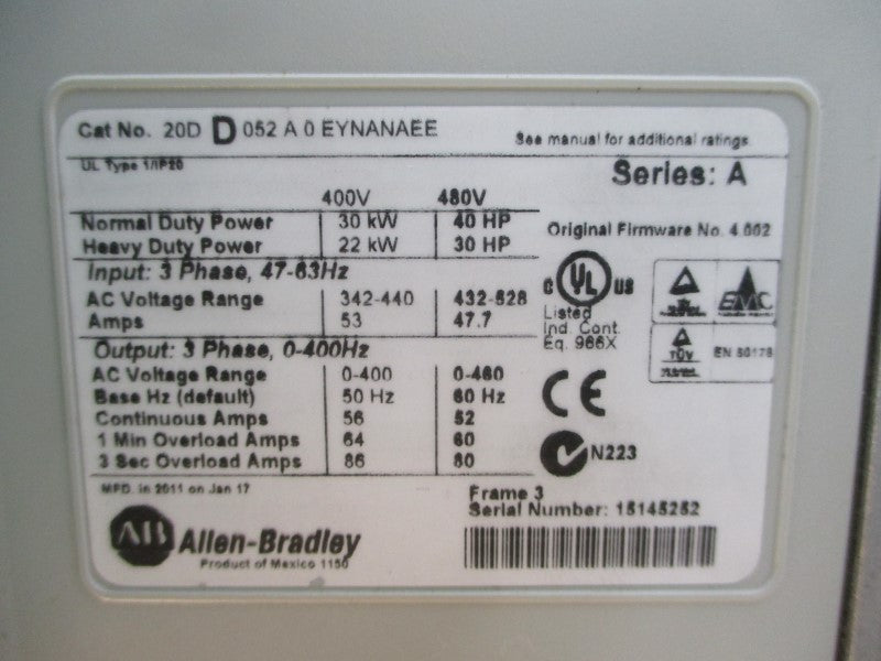 ALLEN BRADLEY 20DD052A0EYNANAEE SER. A F/W 4.002 480VAC 47.7A UNMP