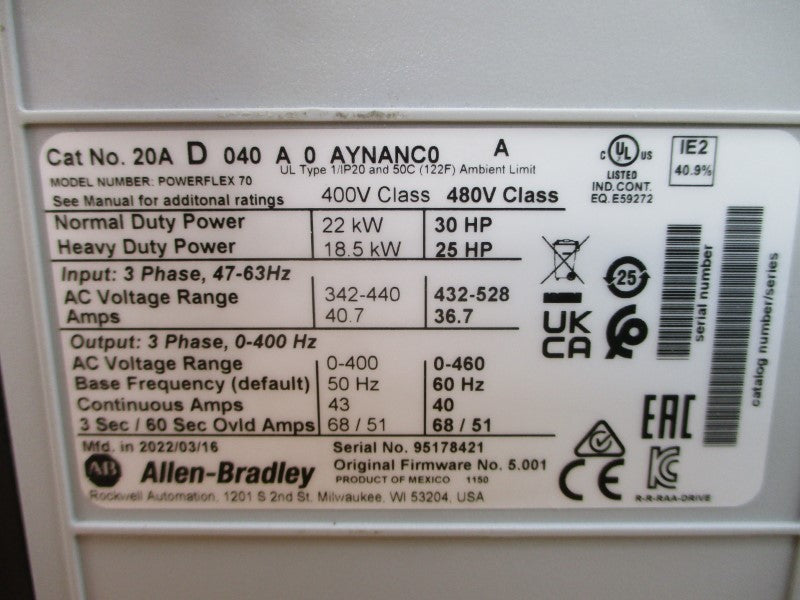 ALLEN BRADLEY 20AD040A0AYNANC0 SER. A F/W 5.001 480VAC 36.7A (AS PICTURED) NSNP
