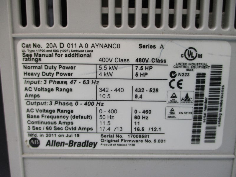 ALLEN BRADLEY 20AD011A0AYNANC0 SER. A F/W 5.001 480VAC 9.4A NSNP