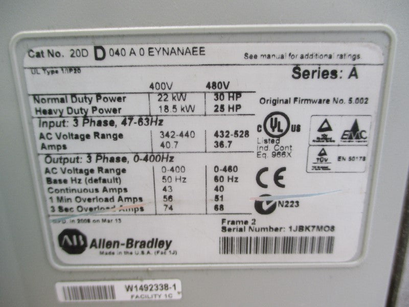 ALLEN BRADLEY 20DD040A0EYNANAEE SER. A F/W 5.002 480VAC 36.7A UNMP