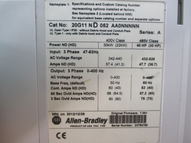 ALLEN BRADLEY 20G11ND052AA0NNNNN SER. A F/W 7.001 480VAC 47.7A NSNP