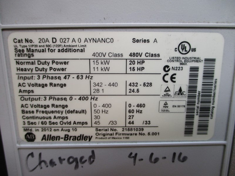 ALLEN BRADLEY 20AD027A0AYNANC0 SER. A F/W 5.001 480VAC 24.5A NSNP