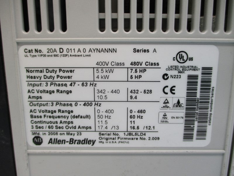 ALLEN BRADLEY 20AD011A0AYNANNN SER. A F/W 2.009 480VAC 9.4A (AS PICTURED) UNMP