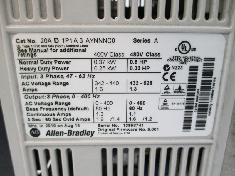 ALLEN BRADLEY 20AD1P1A3AYNNNC0 SER. A F/W 5.001 480VAC 1.3A (AS PICTURED) NSNP