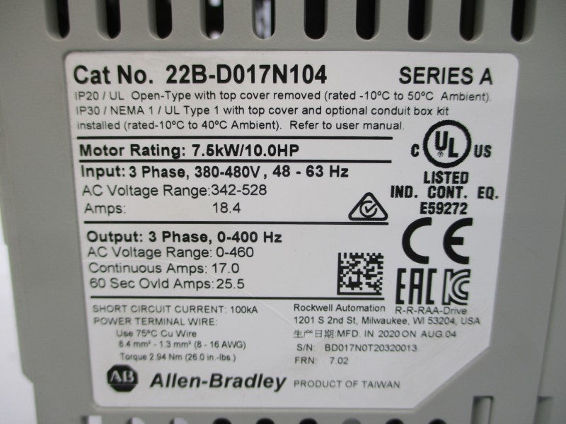 ALLEN BRADLEY 22B-D017N104 SER. A F/W 7.02 380-480VAC 18.4A (AS PICTURED) NSNP