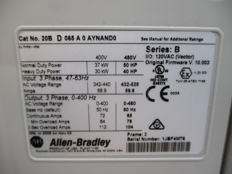 ALLEN BRADLEY 20BD065A0AYNAND0 SER. B F/W 10.003 480VAC 59.6A UNMP