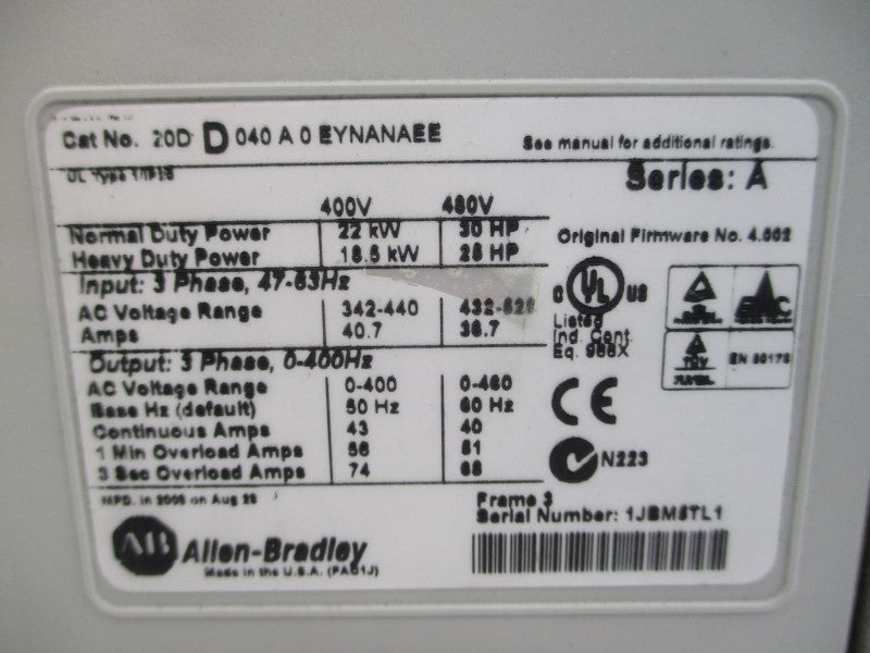 ALLEN BRADLEY 20DD040A0EYNANAEE SER. A F/W 4.002 480VAC 36.7A UNMP