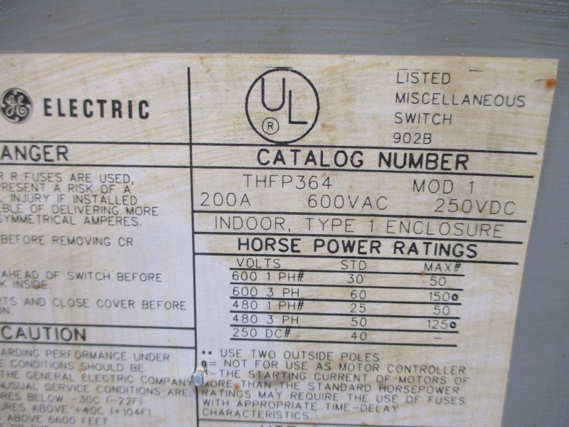 GENERAL ELECTRIC THFP364 600VAC 200A UNMP