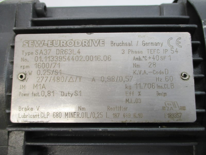 SEW-EURODRIVE SA37DR63L4 277/480V 0.98/0.57A  (AS PICTURED) NSNP