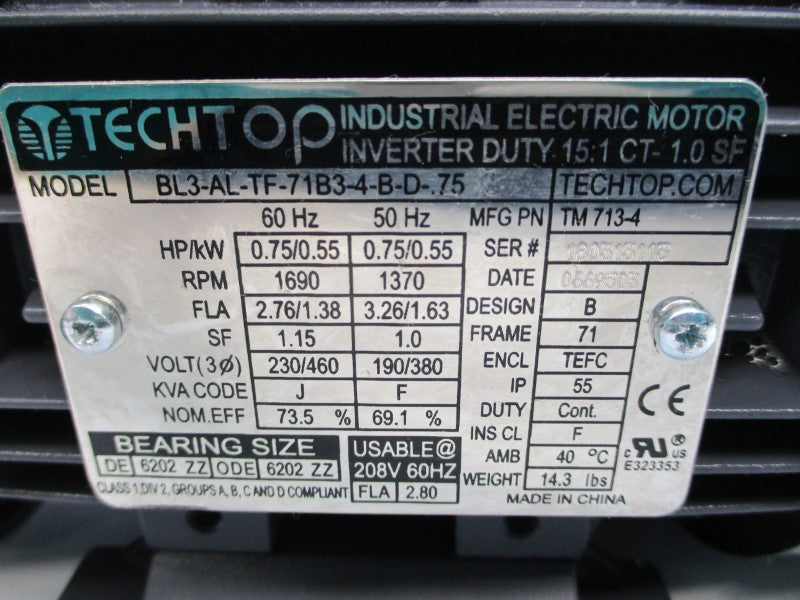TECHTOP BL3-AL-TF-71B3-4-B-D-.75 230/460V 2.76/1.38A NSNP