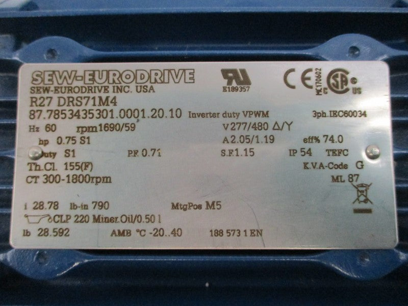 SEW-EURODRIVE R27DRS71M4 277/480V 2.05/1.19A NSNP