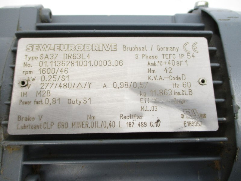 SEW-EURODRIVE SA37DR63L4 277/480V 0.98/0.57A NSNP
