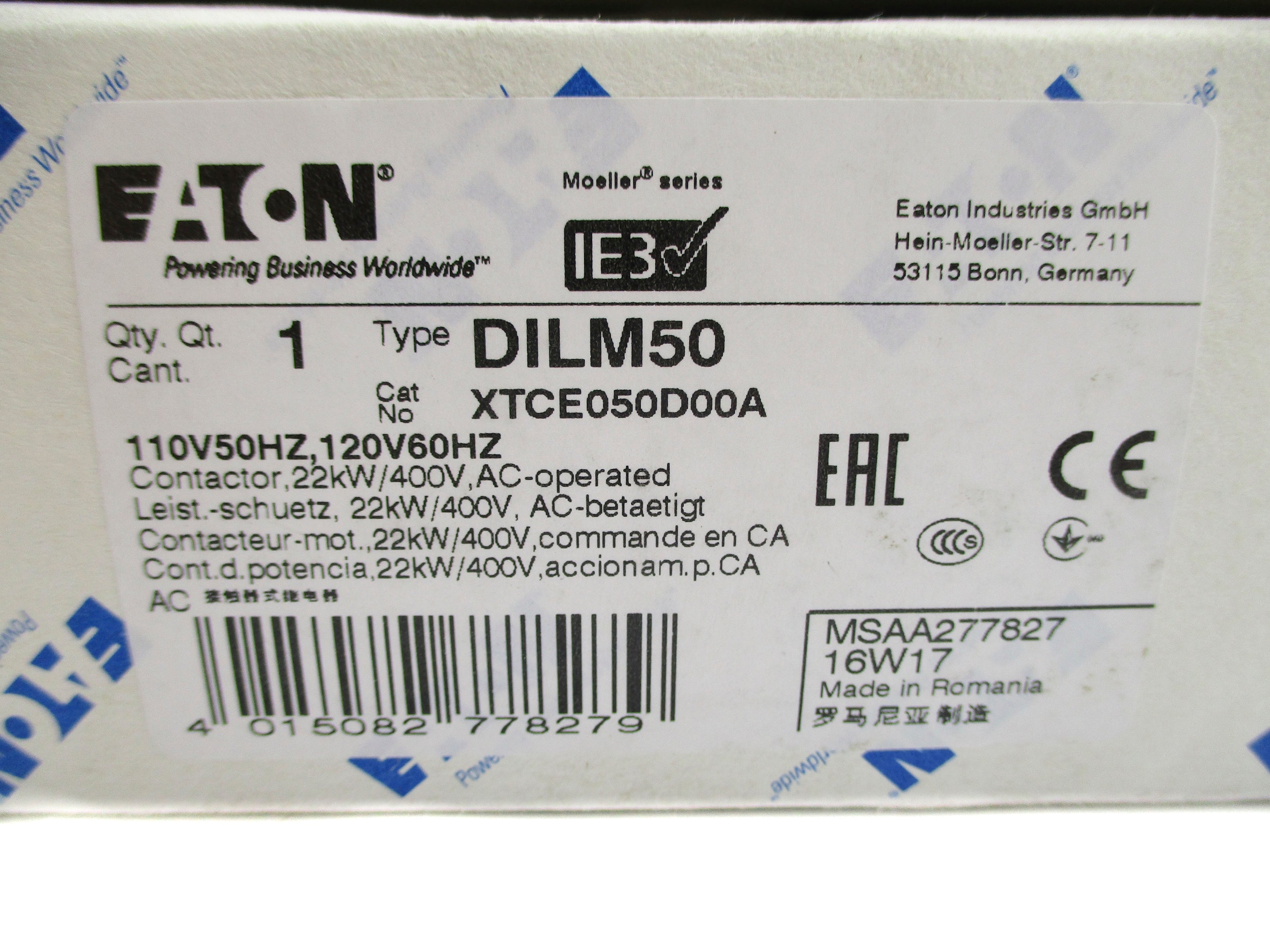 EATON XTCE050D00A DILM50 110/120V 80A NSMP