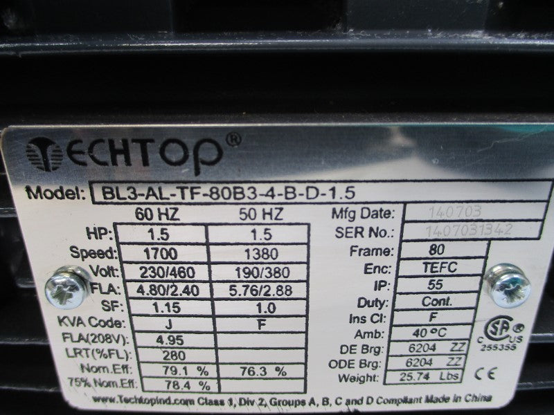 TECHTOP BL3-AL-TF-80B3-4-B-D-1.5 230/460V 4.80/2.40A NSNP