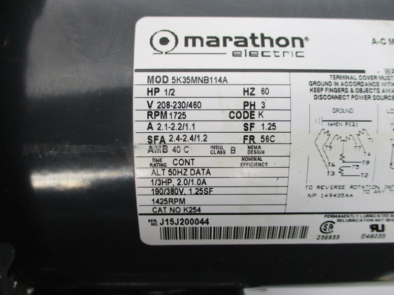 MARATHON ELECTRIC 5K35MNB114A F715-20KZ-B5-G1 208-230/460V 2.1-2.2/1.1A NSNP