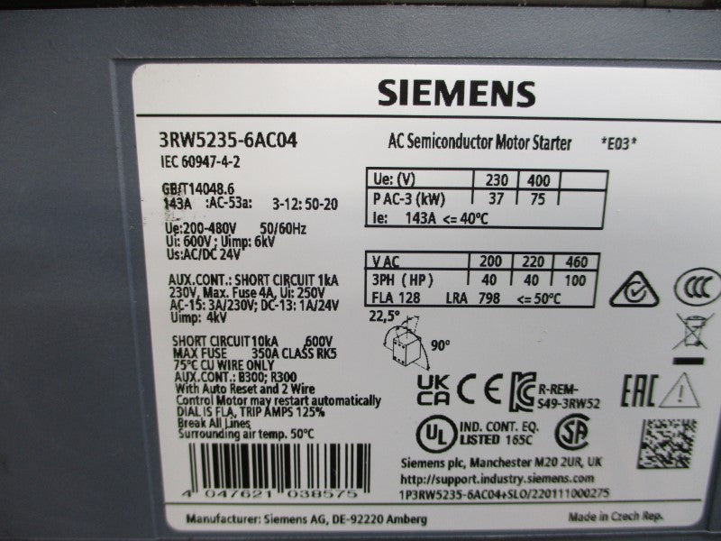 SIEMENS 3RW5235-6AC04 460VAC 128A NSNP