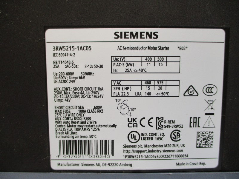 SIEMENS 3RW5215-1AC05 575VAC 22.3A NSNP