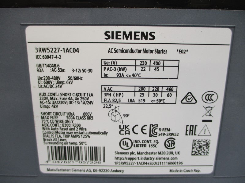 SIEMENS 3RW5227-1AC04 460VAC 82.5A NSNP