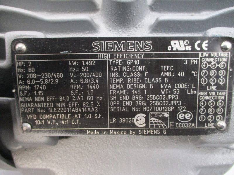 SIEMENS 1LE22011AB414AA3 GP10 208-230/460V 6.0-5.8/2.9A NSNP