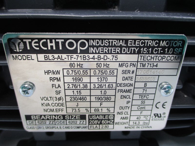 TECHTOP BL3-AL-TF-71B3-4-B-D-.75 230/460V 2.76/1.38A (AS PICTURED) NSNP